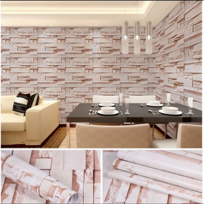 Wallpaper Sticker Dinding Motif Bata 3D Coklat Susu Muda