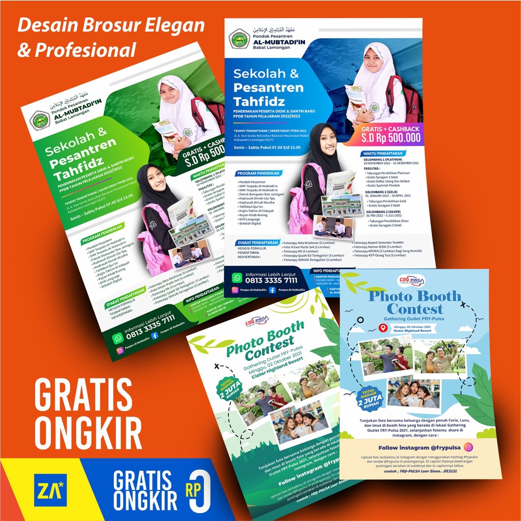 Desain Brosur Bisnis Perumahan Travel Sekolah Kampus Rumah Umroh Makanan Kreatif PPDB Laundry Kosmet