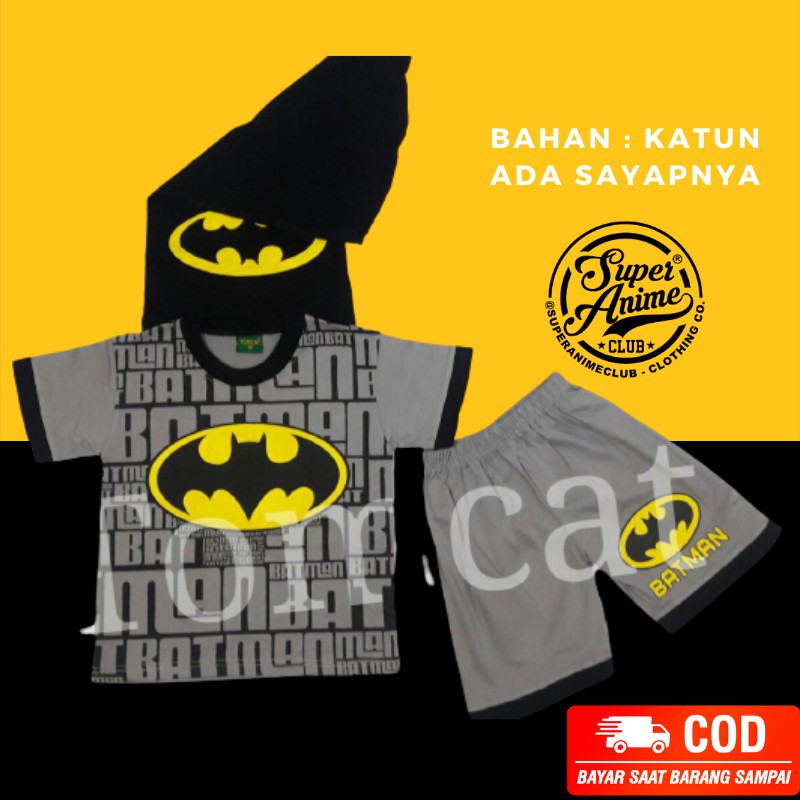 Setelan Pendek Anak Batman Sayap Abu Tulisan Baju Kaos Cowok Lakilaki