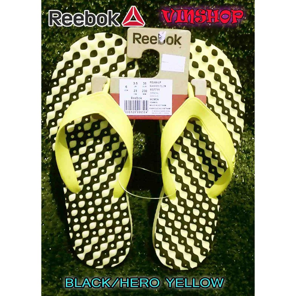 HOT SANDAL JEPIT. FLIP. REEBOK ORIGINAL. POLKA LP. WOMEN. BLACK.HERO YELLOW BS7711 DISKON