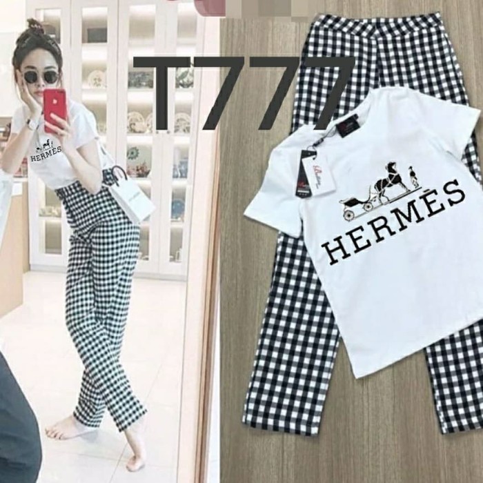 Setelan Wanita Korea Set Wanita Jumbo Terbaru Setelan Celana Kotak Herme Bahan Babyterry+Katun