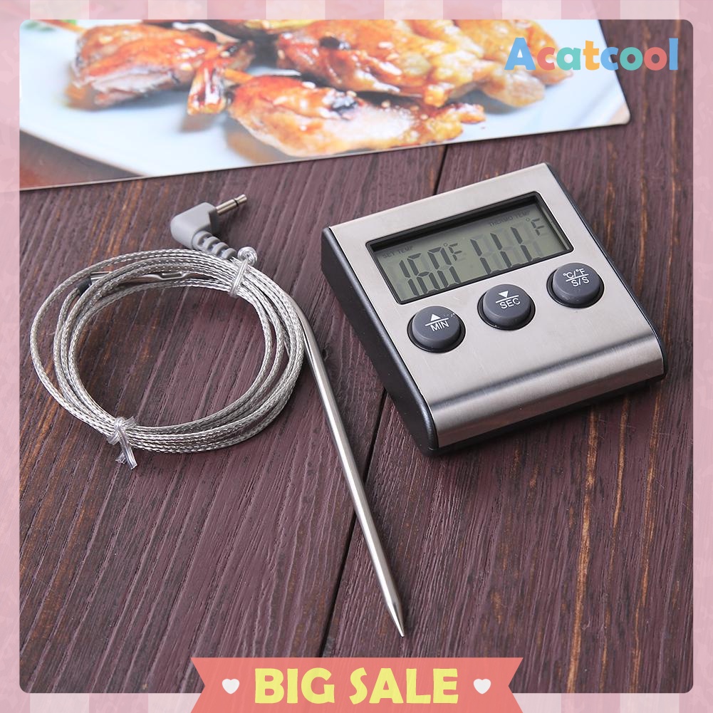 Digital Display Food Thermometer Probe Meat Timer Meter Cook Kitchen Tools