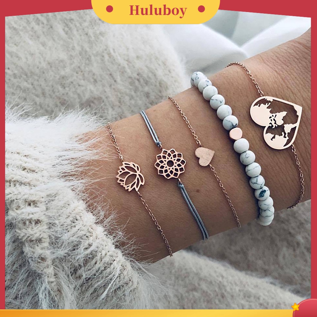 Hu Hu Hu Hu Hu Alat Bantu Pasang Kacamata♡ 5pcs Gelang Tangan Wanita Desain Bunga Teratai Hollow Adjustable Untuk Pesta