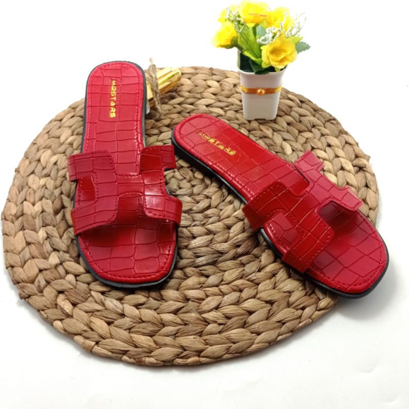 mqstars- Sandal Flat Wanita Croco Terbaru/Sendal Selop Teplek Slip on