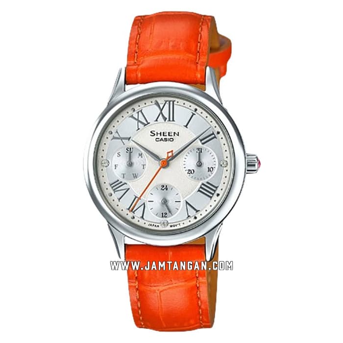 Casio Sheen SHE-3049L-7AUDR Jam Tangan Wanita Silver Dial Orange Leather Strap