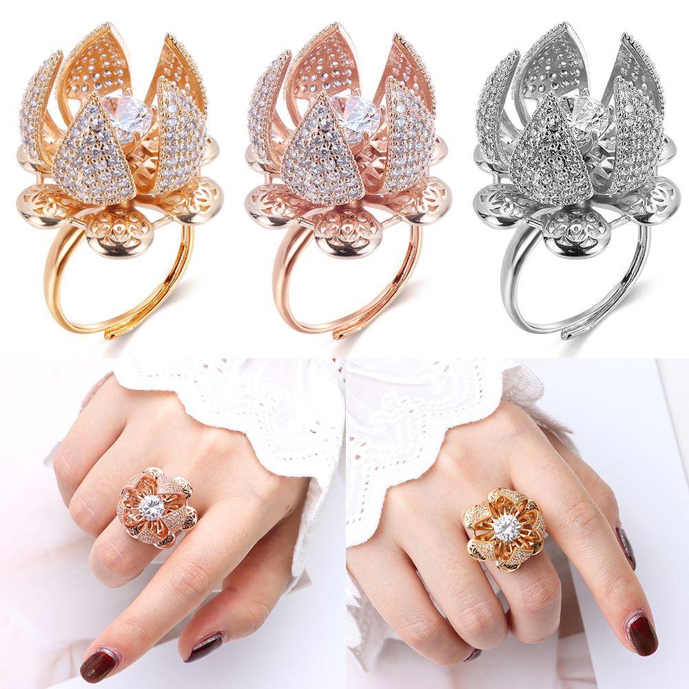 R-bunga Berongga Buka Tutup Bud Cincin Kreatif Stainless Steel Jewerly Zirkon Berputar Cincin