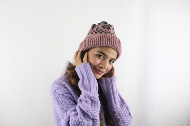 Topi Kupluk Rajut Wool Black Pink Hat Beanie Infinity Folded Snow