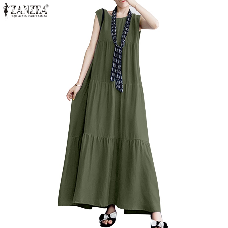 ZANZEA Women Casual Sleeveless Ruffles Hem O-Neck Layered Maxi Dress