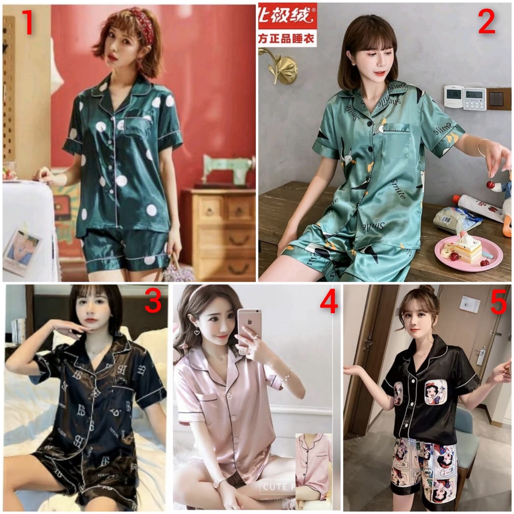 BAJU TIDUR PIYAMA WANITA SATIN SILK IMPORT PREMIUM SETELAN CELANA PENDEK HOTPANTS MOTIF KANCING KRAH LENGAN PENDEK SIZE M-2XL FIT TO 70KG HIJAU EMERALD