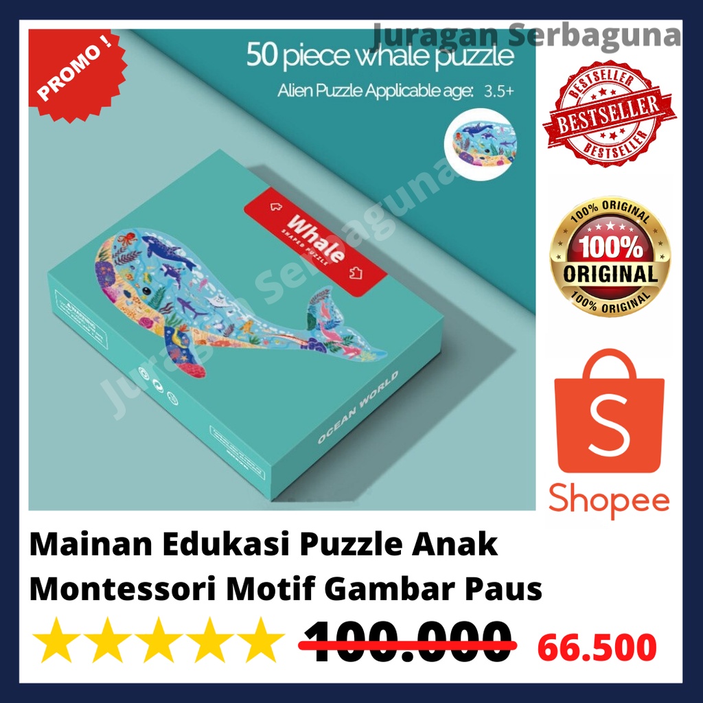 Mainan Edukasi Puzzle Anak Montessori Motif Gambar Paus 50 pcs