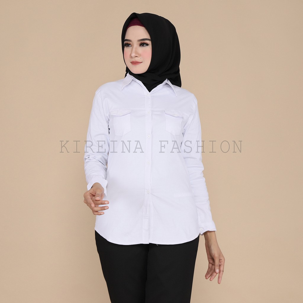 Kemeja Kerja Wanita Kemeja Kantoran Kantong Dua Bahan Stretch | Kireina Fashion