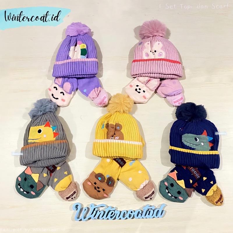 Beanie set kids topi syal winter anak kupluk musim dingin balita hangat import cute lucu penghangat leher kepala cowok cewek dino rabbit