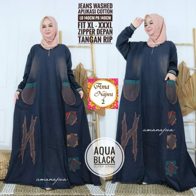 [ Terbaru ] Gamis Wanita Jumbo import Ld 140 pb 140 Bahan Jeans Original Bordir Asli