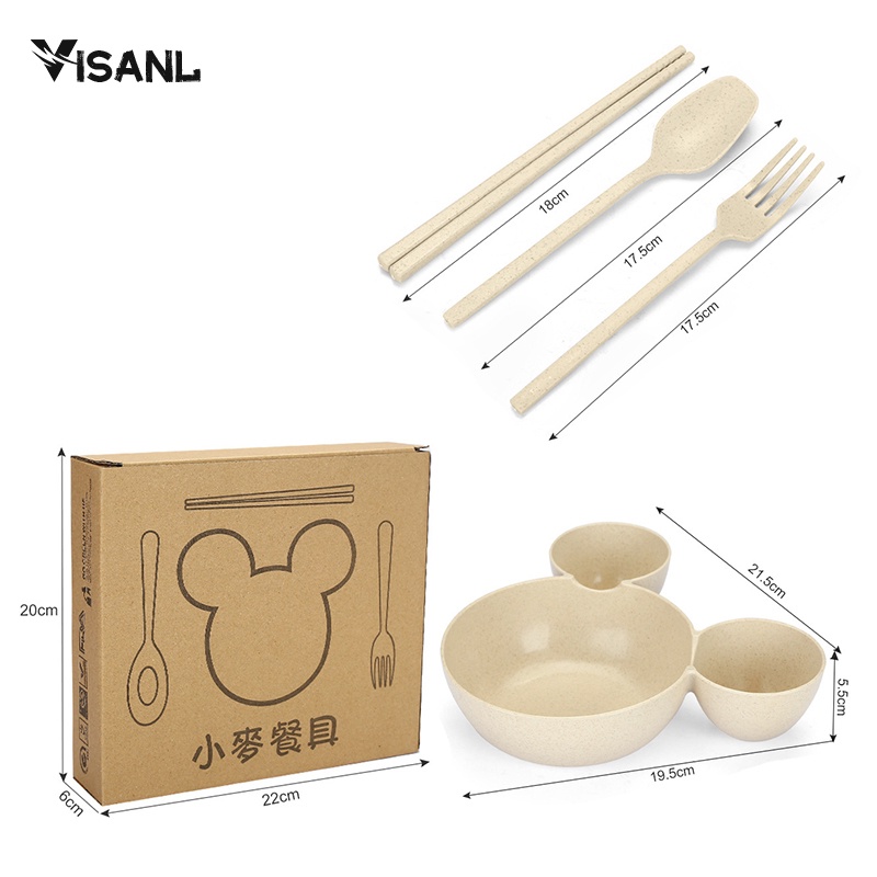 Mangkok Set Peralatan Makan Anak 4 in1Bahan Jerami Gandum Children Tableware Piring Kartun VS-25