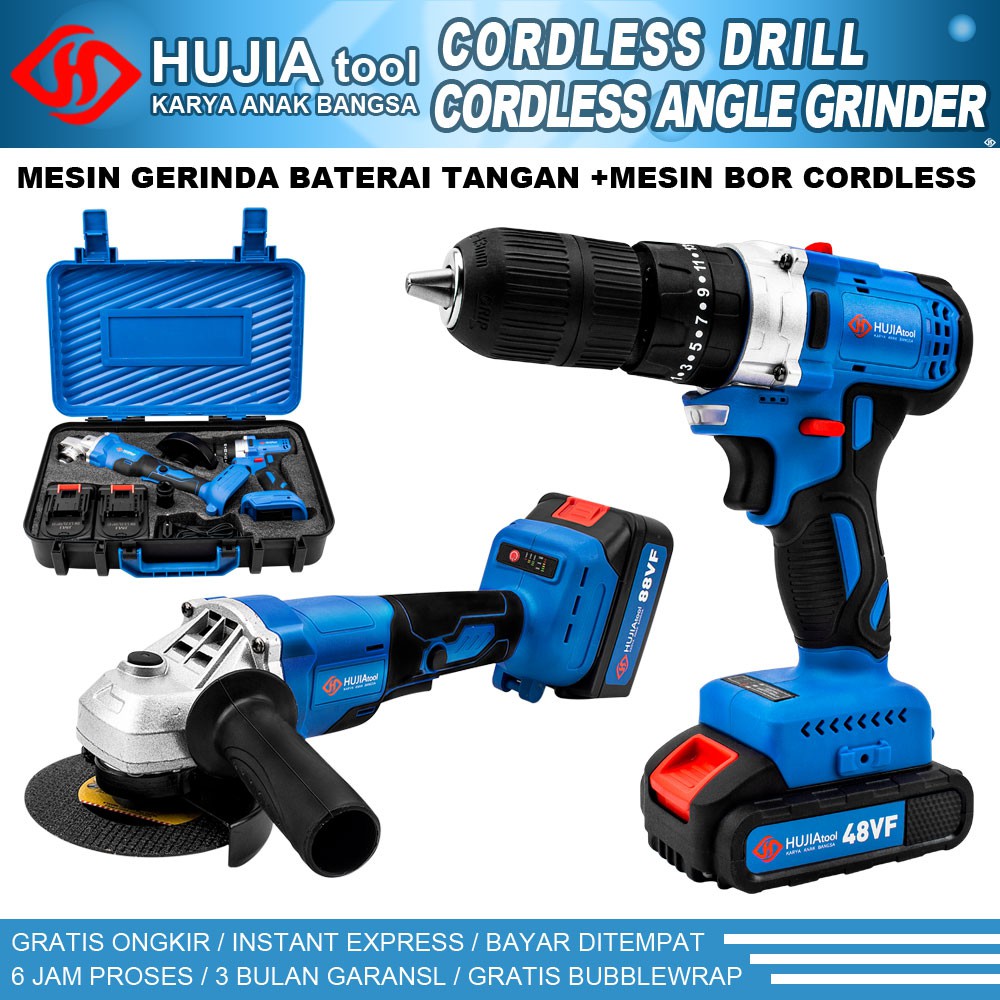 Mesin gerinda + bor cordless impact drill Hujia pro 2021+2521 88vf brushless angle grinder besi kayu