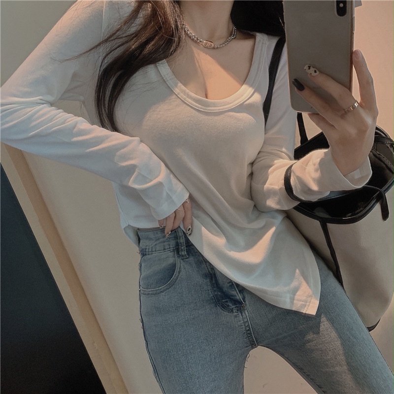 RSB BJ283 Baju Wanita Korean Basic Crop Top U-Neck Atasan Wanita Lengan Panjang (M-XXL)