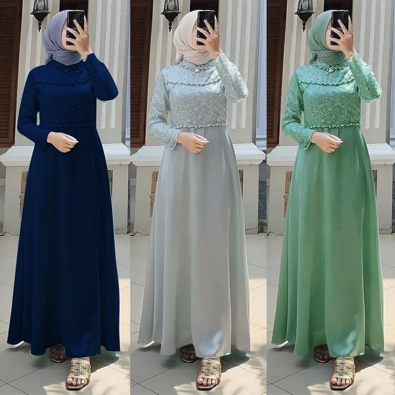 BISA COD - MAXI DRESS SIZE STANDAR DAN JUMBO MUTIARA MAXY BRUKAT JUMBO MODERN GAMIS KONDANGAN SIMPLE MEWAH