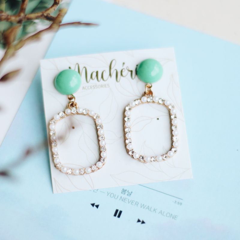 AT058 - ANTING TUSUK GANTUNG STUD KOTAK BOX HOLLOW LUBANG HIJAU PERMATA CANDY TOSCA