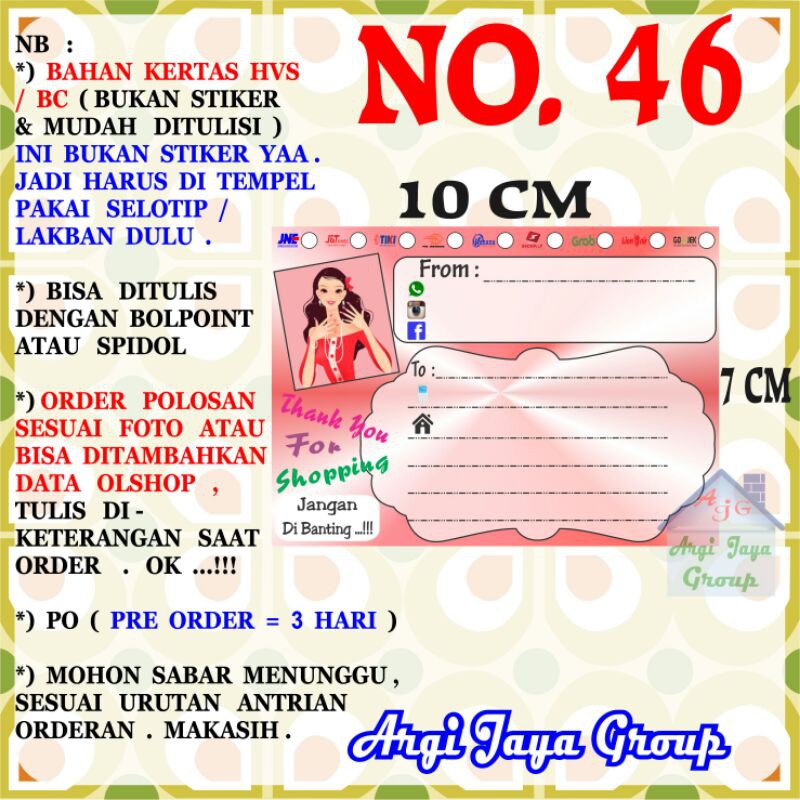 

Label Pengiriman Alamat Olshop Murah Nomer 46 - 10x7cm - Kertas BC (Manila)