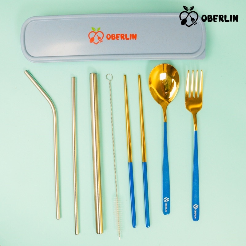 sendok korea set golden blue+sedotan stainless set