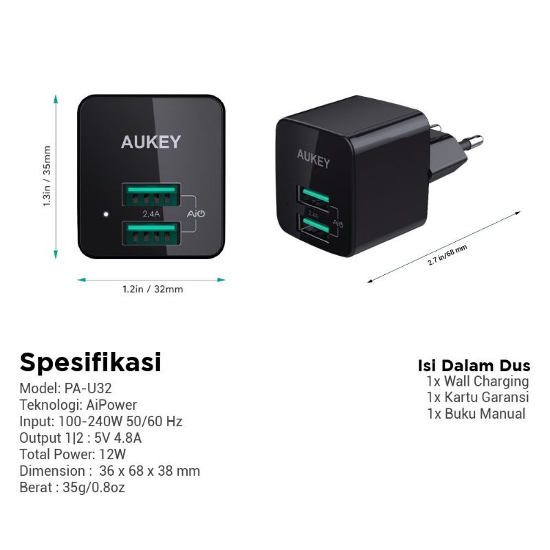 Aukey Adaptor PA-U32 2 Port USB 12W