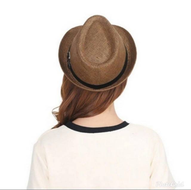 Topi fedora jerami pria dan wanita straw hat import logo