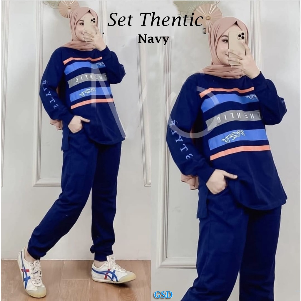 Thentic/ Outfit Wanita Jalan - Jalan  Setelan Baju Dan Celana Panjang OOTD Cewek Berhijab Bahan Babyterry Sablon Size M