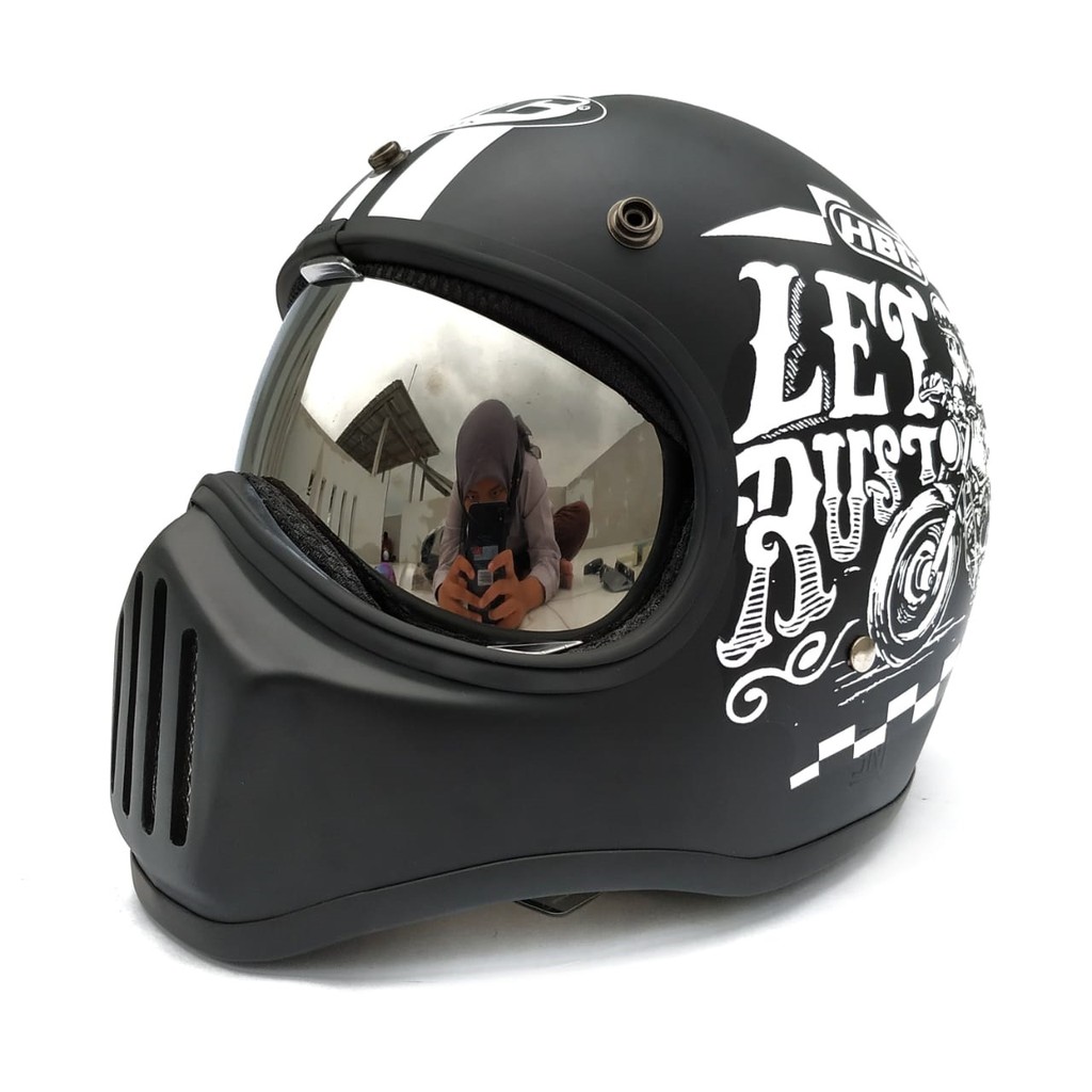 Helm Cakil HBC Rust Dust Black Font White + Inner Visor Chrome ( Fullface / Retro / Klasik / Vespa )