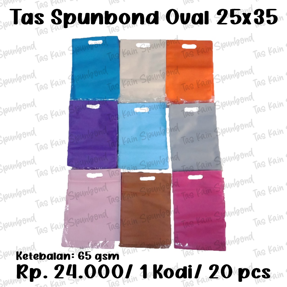 

Tas Kain Spunbond Polos Oval 25 x 35 ( Goodie Bag / Tas Kain / Tote Bag) per 20 pcs atau 1 Kodi