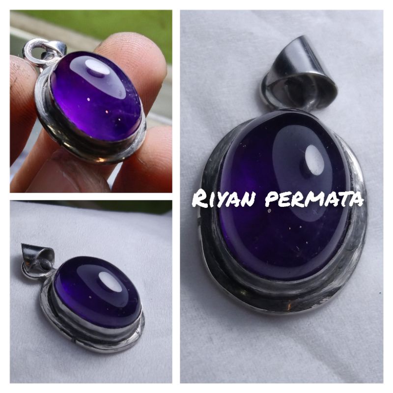 Liontin natural batu kecubung Wulung ring monel