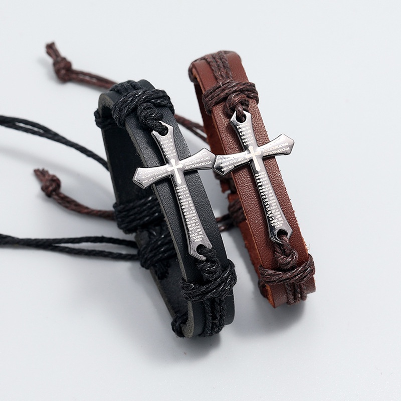 [Z H Perhiasan] Hip Hop Rock Retro Pria Fashion Kulit Salib Alkitab Gelang Perhiasan Aksesoris