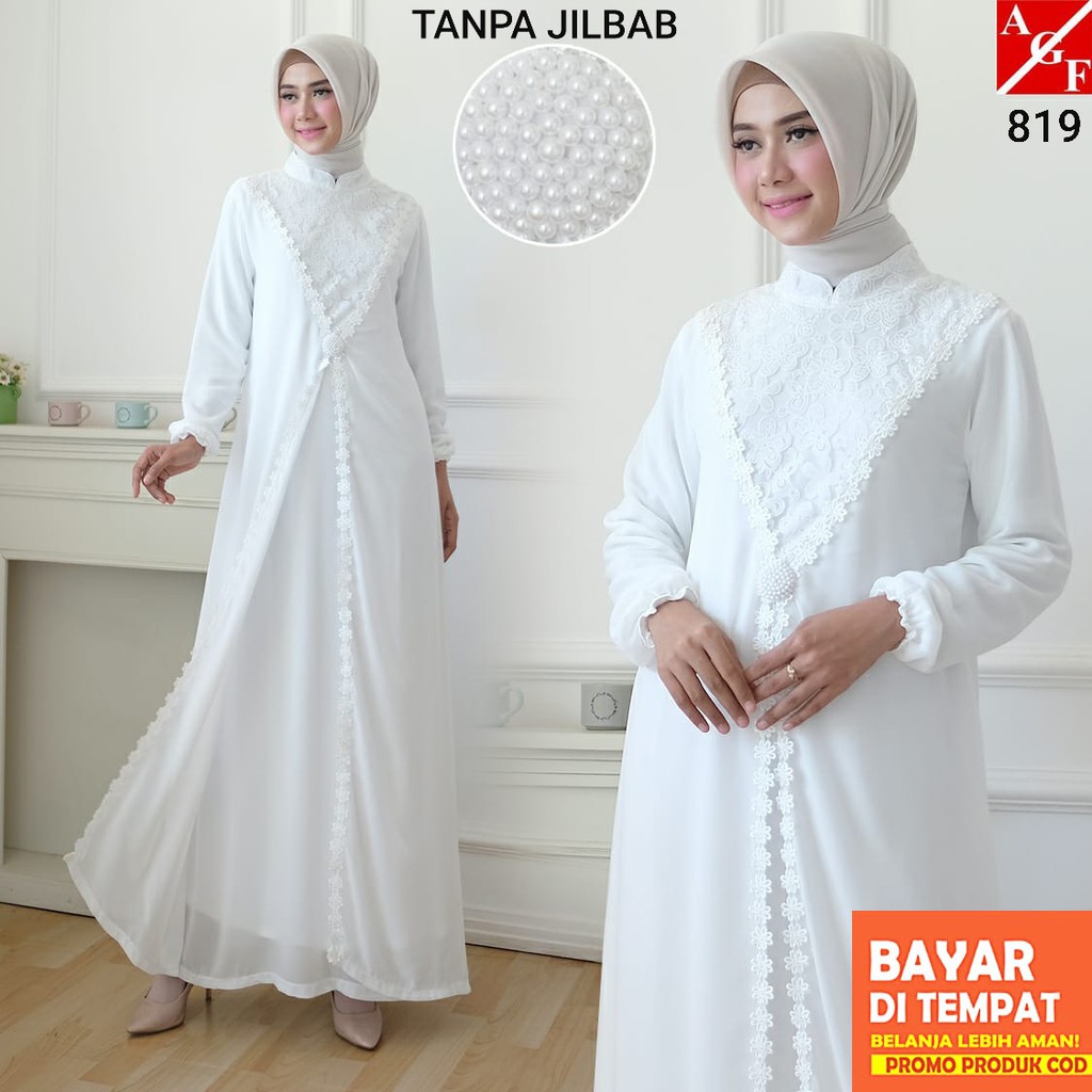 Agnes Hijab - Anissa Dress Gamis Putih Wanita Gamis Brukat Baju Muslim Wanita Busana Lebaran Umroh Brokat Pesta 819