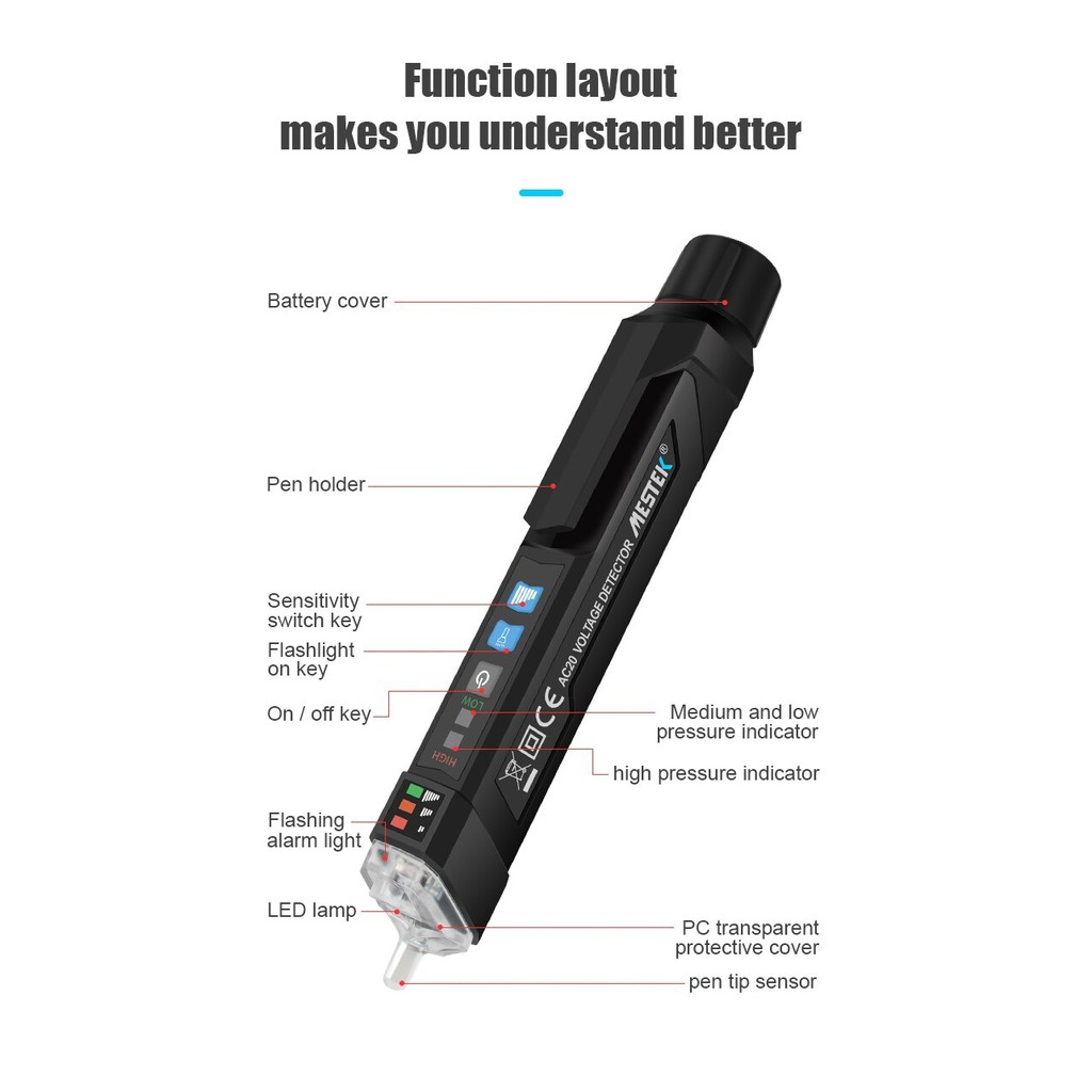 Non Contact Voltage Detector Pen AC Voltage Tester 12V/48-1000V MESTEK