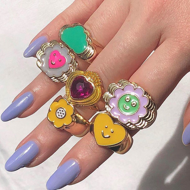 Korean Simple Gold Rings Oil Dripping Vintage Ins Style Heart Shape Colorful Ring for Women Jewelry Fashion Accessories