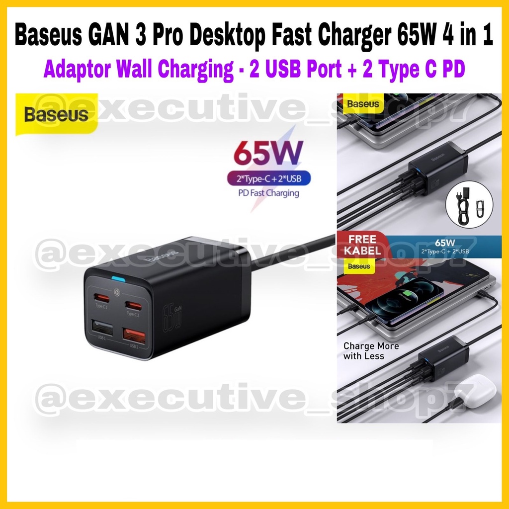 Baseus GAN 3 Pro Desktop Fast Charger 65W 4 in 1 -  Adaptor Wall Charging - 2 USB Port + 2 Type C PD - Garansi Resmi 6 Bulan