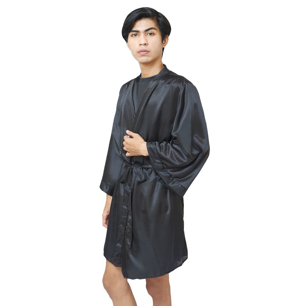 FOLVA kimono cowok baju tidur satin 1365BKIM hitam all size