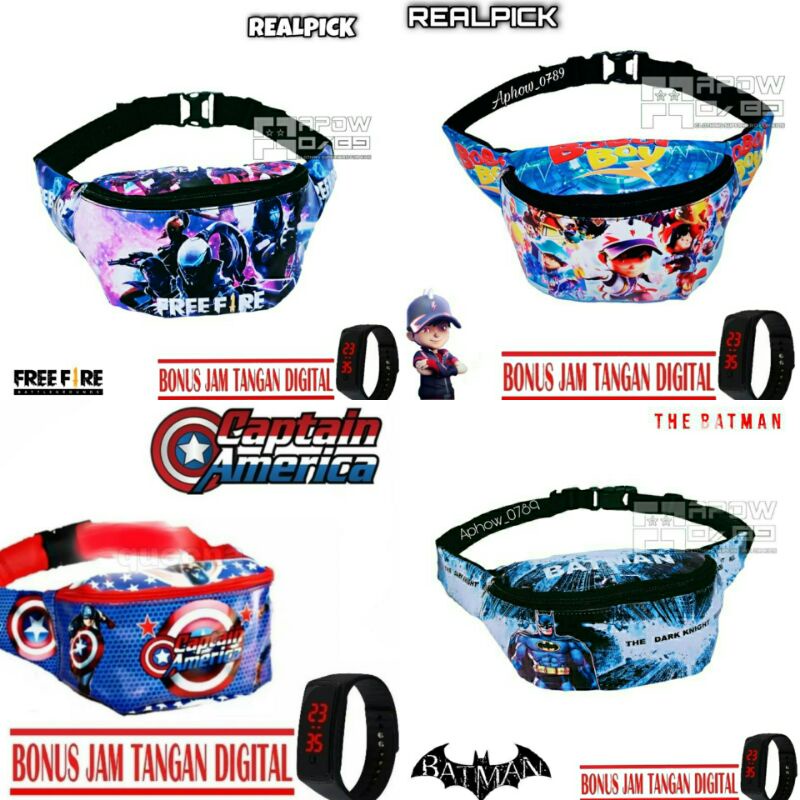 tas selempang anak laki laki BONUS JAM DIGITAL waistbag anak laki laki motif super hero tas bahu anak COD