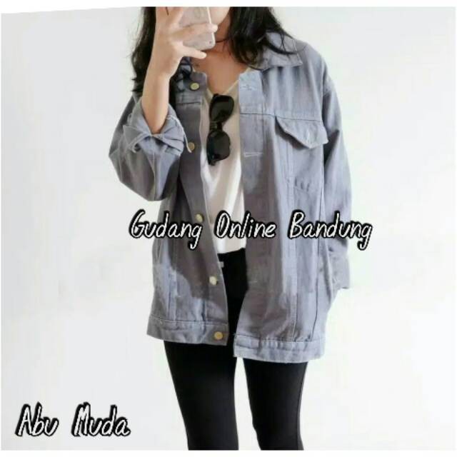 JAKET JEANS OVERSIZE jaket Jeans Wanita Warna Abu Muda Bahan Jeans Tebal Sakuratek