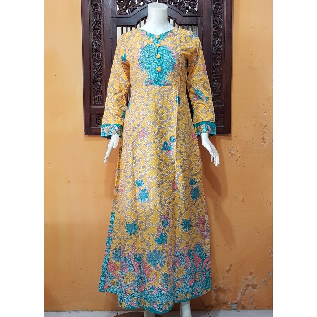 Produsen Gamis Batik Modern Pekalongan Terbaru 2020 Lengan Panjang Motif Ganggang Kuning Ayani Fashion LporagiAeqKmd