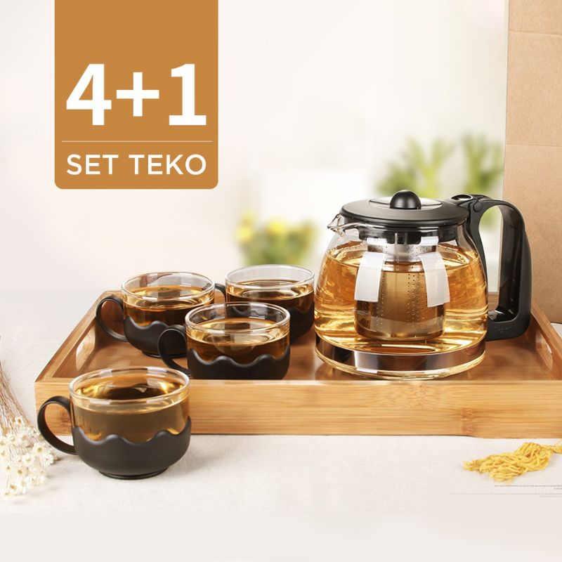 Teko Set Teapot Kaca Set 5 In 1 (1 Teko dengan saringan &amp; 4 Gelas Cangkir) 700ml