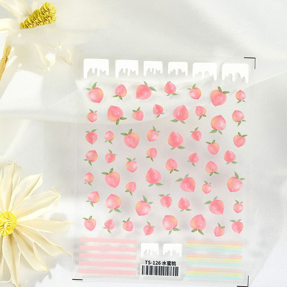 ELEGANT Salon 3D Nails Sticker Japanese Self-Adhesive Decal Nail Foil Decals Peach Fruit Strawberry 5D Thin Tough Nail Decoration Cartoon Cherry Lovely Cute Spring Summer New DIY Nail Art