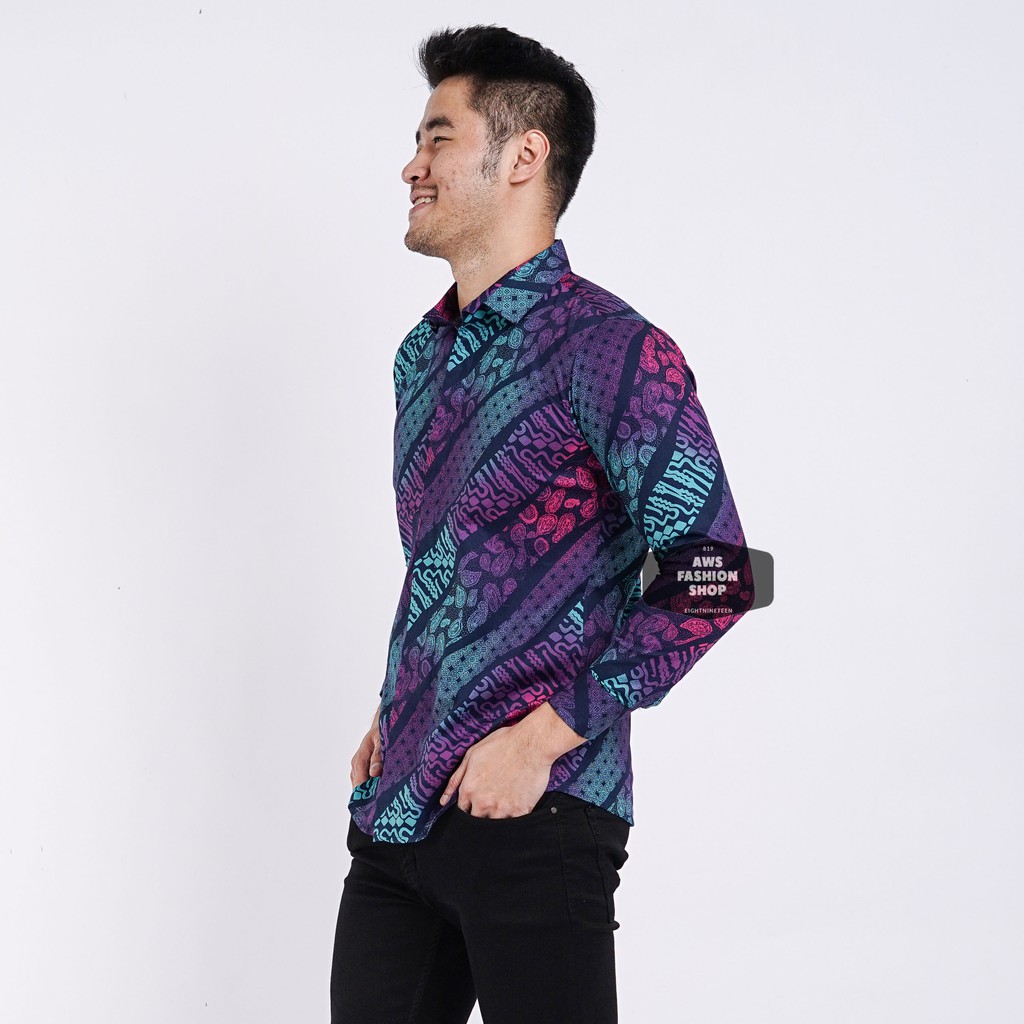 Kemeja Batik Pria Lengan Panjang Gradasi Blue Black Slimfit