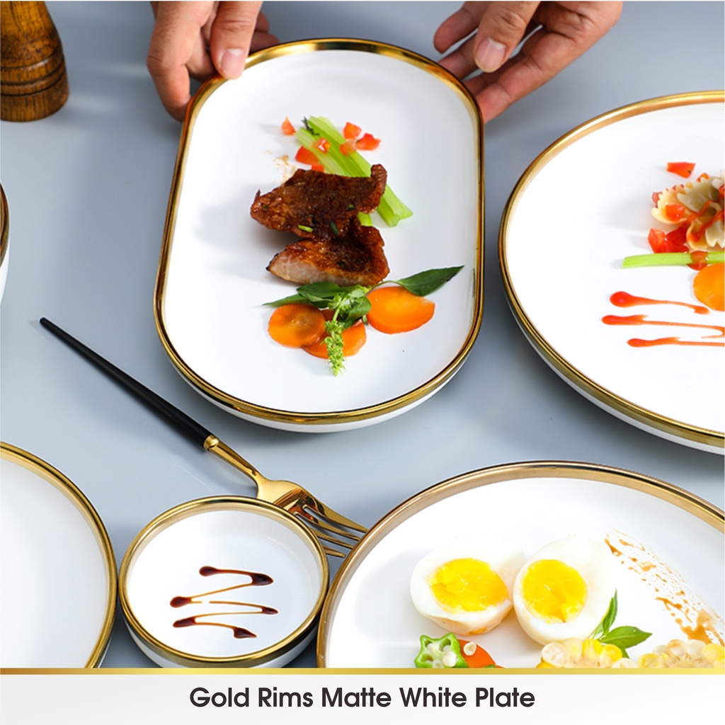 [SATUAN] WHITE - Piring Mangkok Makan Keramik Pinggiran Emas Cantik Ceramic Mewah Western Steak Gold Rim Plate