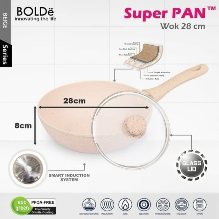 Super Pan BOLDE Wok 28cm+Glass LID BEIGE/DARK KNIGHT