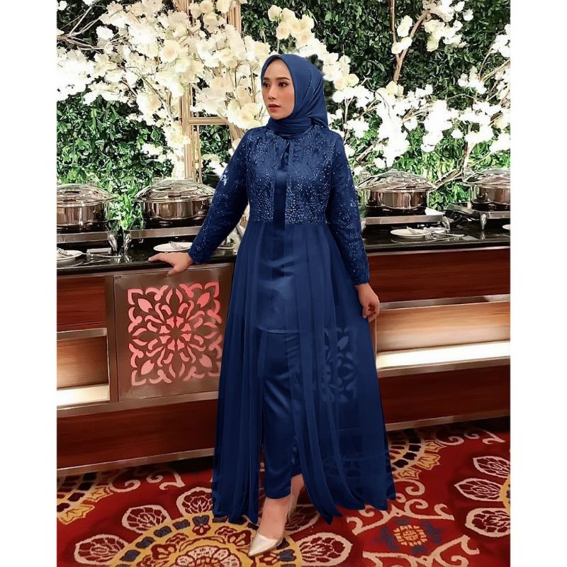 Gamis Setelan Celana Wanita Muslimah Kondangan Bahan Moscrepe Komby Brukat Tile Stelan Pesta