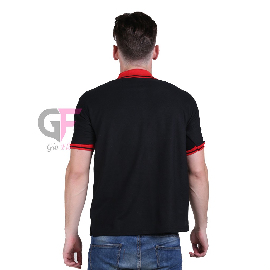 GIOFLO Baju Cowok Polo Shirts Lengan Pendek Casual Hitam Kerah Merah / PLS 106