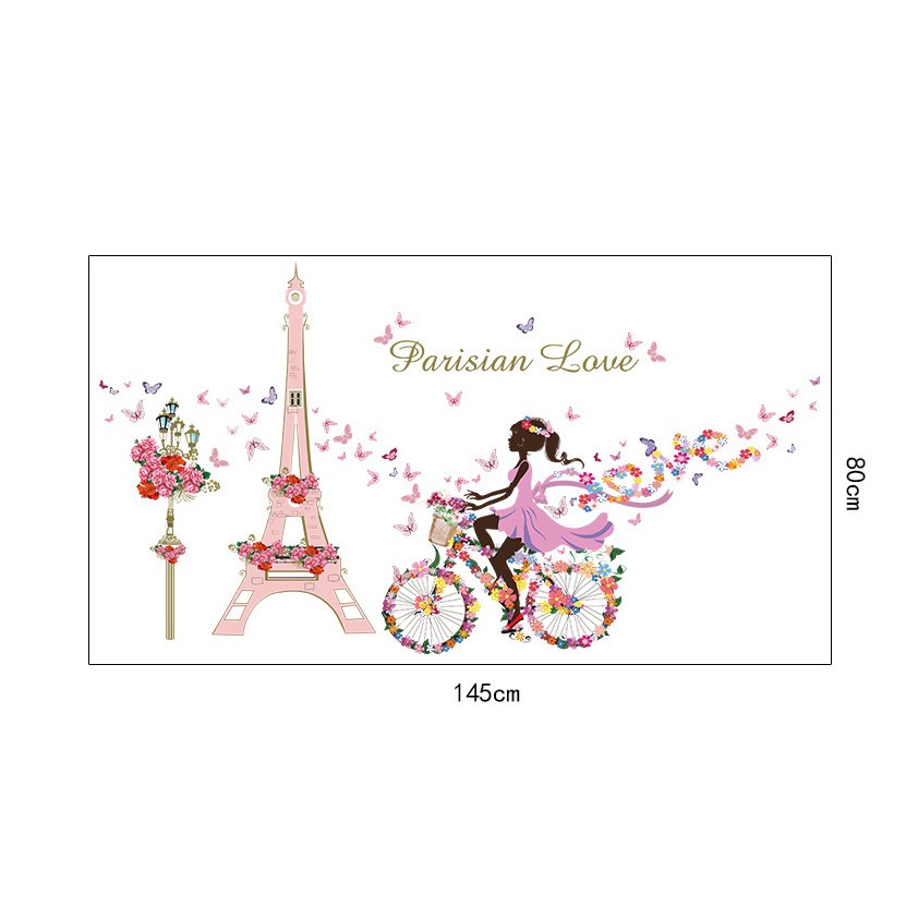 RELIZA Wall Sticker / Stiker Dinding 60X90 FLOWERS GIRL PARIS Eiffel TOWER PINK SK9006