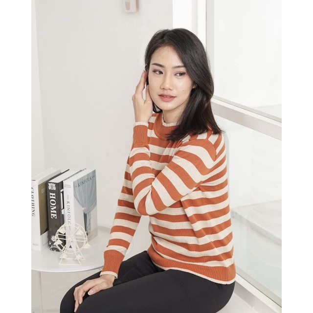 Sweater Stripes Cotton Knit Top Long Sleeve- Sweater Rajut Lengan Panjang- Atasan Rajut Wanita (304)