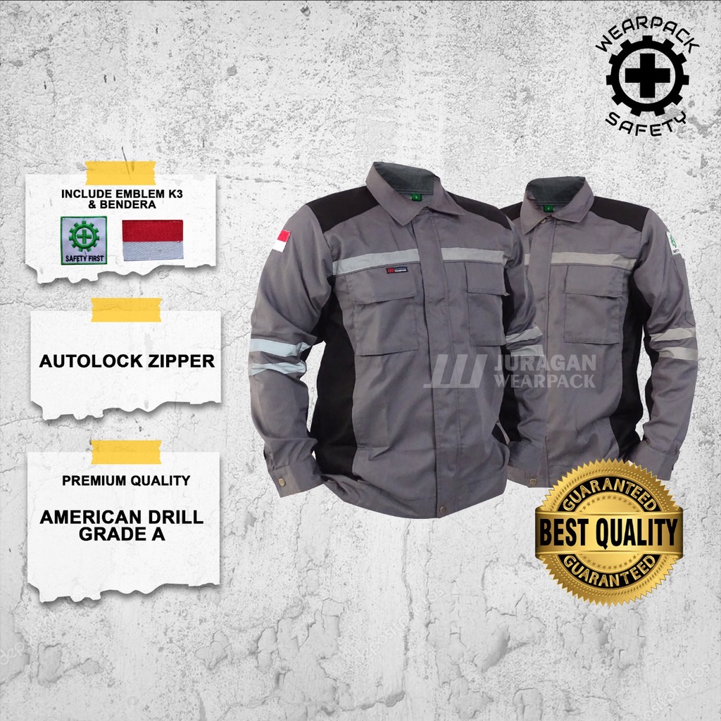 Wearpack Kerja Lengan Panjang / Wearpack Safety Warna Abu-abu Kombinasi Hitam