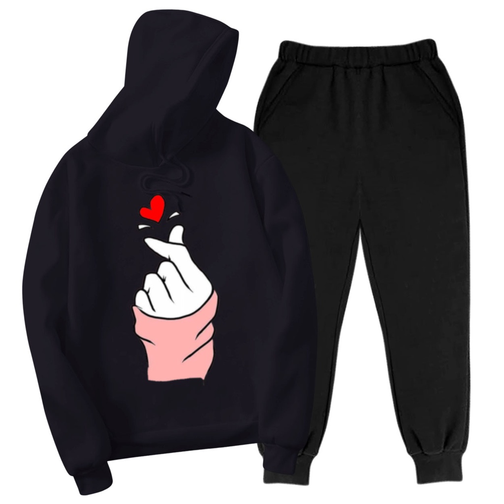 BESS - Setelan Hoodie Wanita Murah / Setelan Hoodie + Jogger Hitam - SARANGHAE